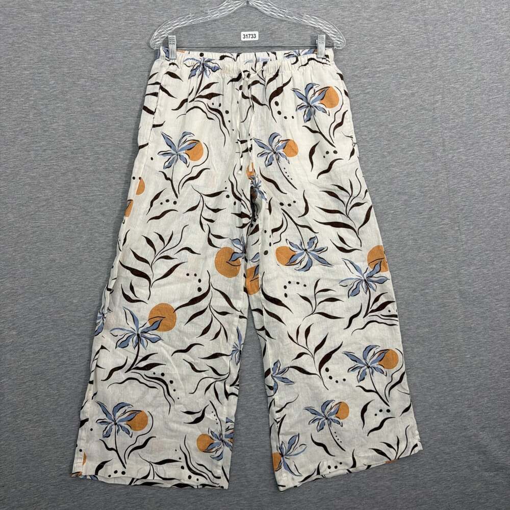 Calypso St Barth Womens Size Medium White Floral Tropical Linen Wide Crop Pants